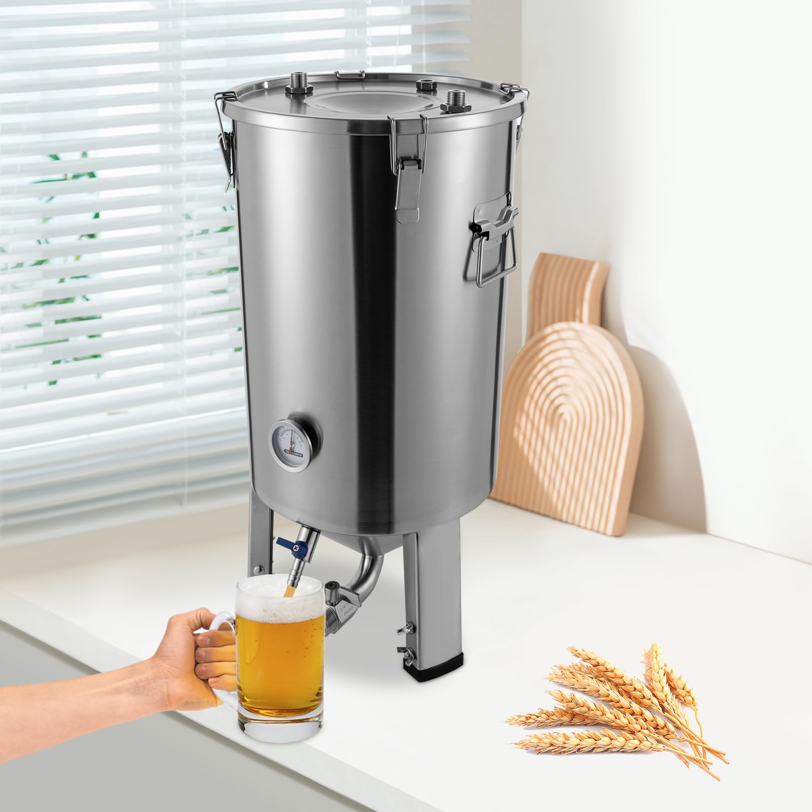 Recipiente de fermentación grande de acero inoxidable de 32 litros, apto para uso alimentario con fondo cónico y sellado hermético, adecuado para cerveza, enzimas, vino y vino de frutas