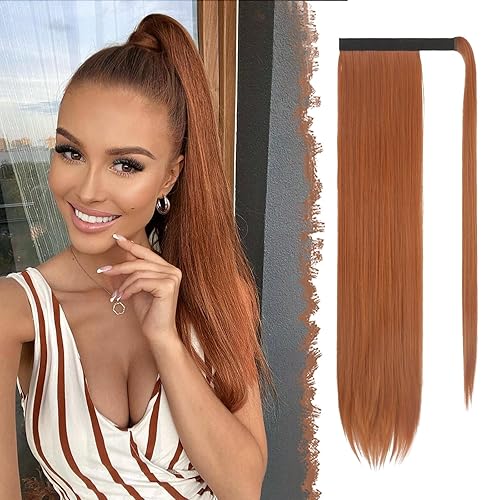 FESHFEN Extensiones de cola de caballo largas y rectas con clip envolvente, extensiones de cola de caballo sintéticas para mujeres y niñas, 28