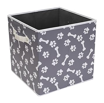 Brabtod Foldable Dog Cat Toys Box Fabric Storage Cube,Perfect Storage Bin for Pet Toys and Home D?cor/in Printed ?Dog Paws?Dog Bones-13x13x13(in)-Gray