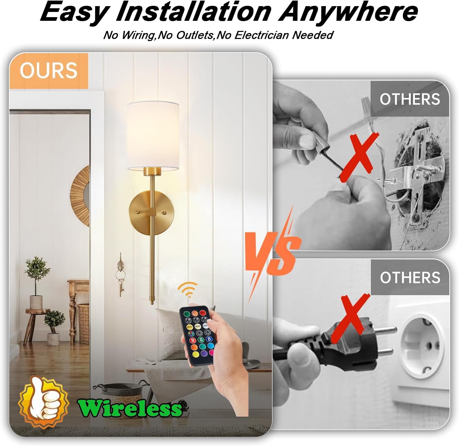 Battery Operated Wall Sconce Set of 2, Brushed Gold Rechargeable Wall Lights with Remote Control and Dimmable LED Bulbs, 13 Light Colors Wireless Wall Lamps for Bedroom Living Room Hallway (Gold)