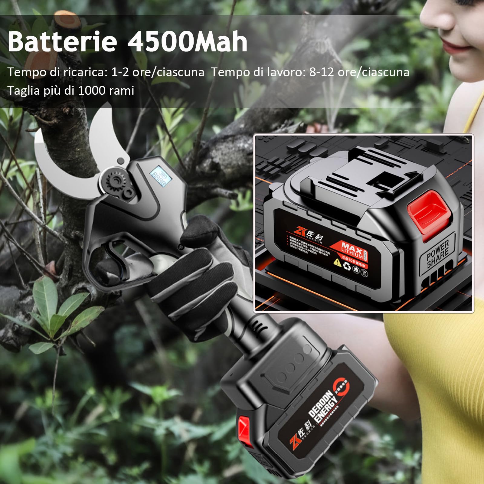 Forbici Potatura a Batteria con Asta, Cesoie Elettriche Professionali 2 x 4500 mAh, Display per Giardino, Frutteto