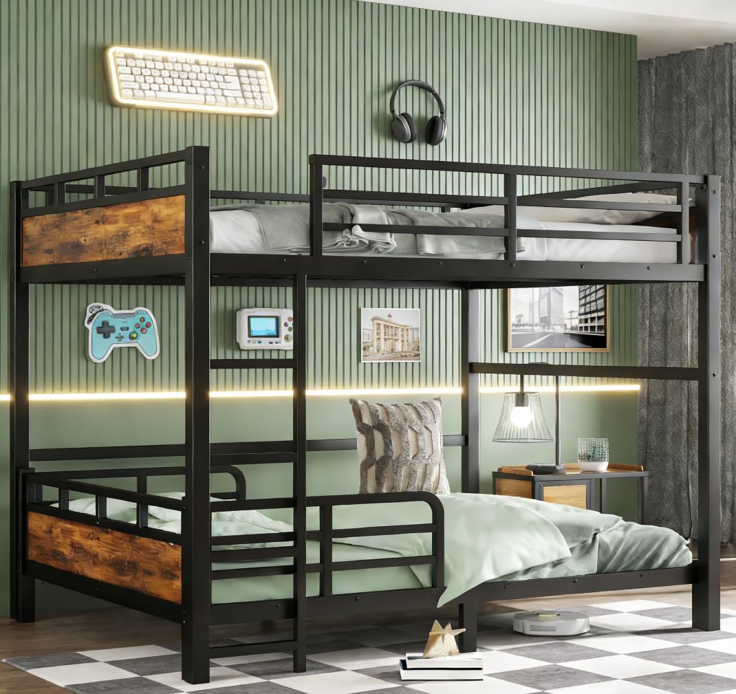 Bellemave Detachable Bunk Bed Queen Over Queen, Metal Bunk Bed with Guardrails, Queen Size Loft beds for Kids, Teens & Adults（Vintage Wood-Colored）