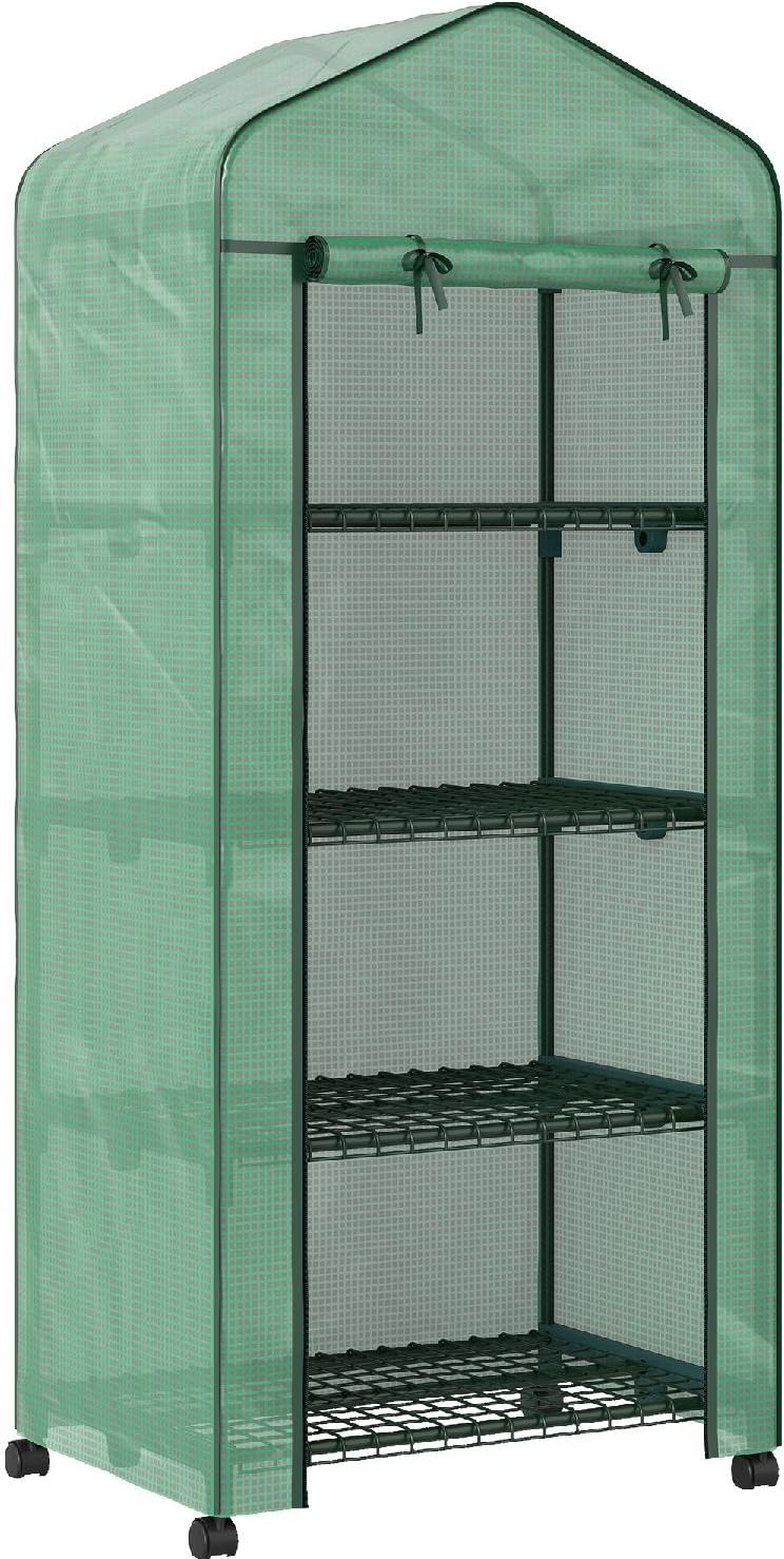 Mini Serra da Giardino a 4 Livelli con 4 Rotelle e Ingresso Avvolgibile in Acciaio e PE 69x50x165 cm colore Verde