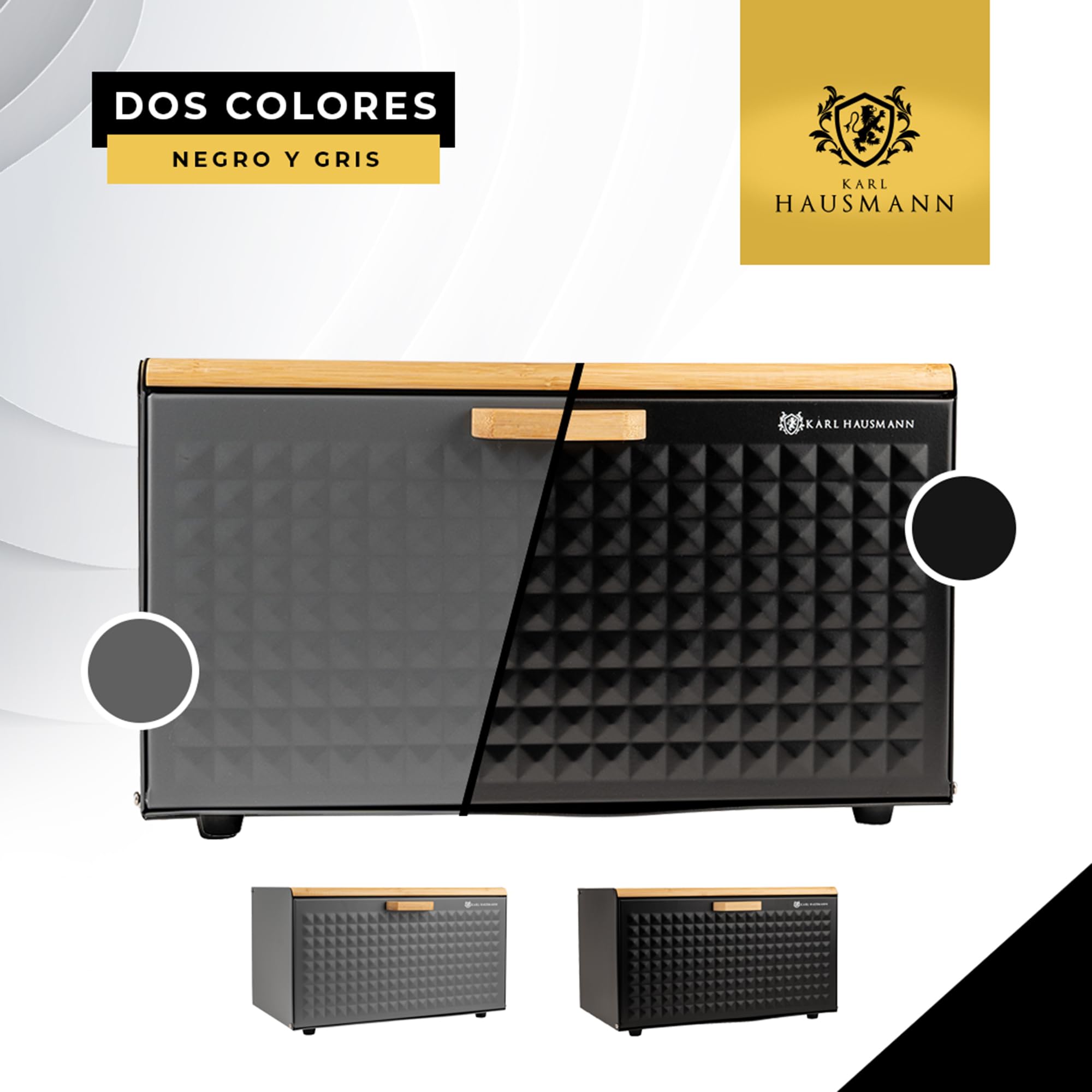 KARL HAUSMANN Panera Metal Gris con Tapa de Bambú - 35x25x15,5 cm - Paneras para Guardar el Pan - Grande Caja para Pan Moderna para Encimera de Cocina - Caixa Pao - Bread Box