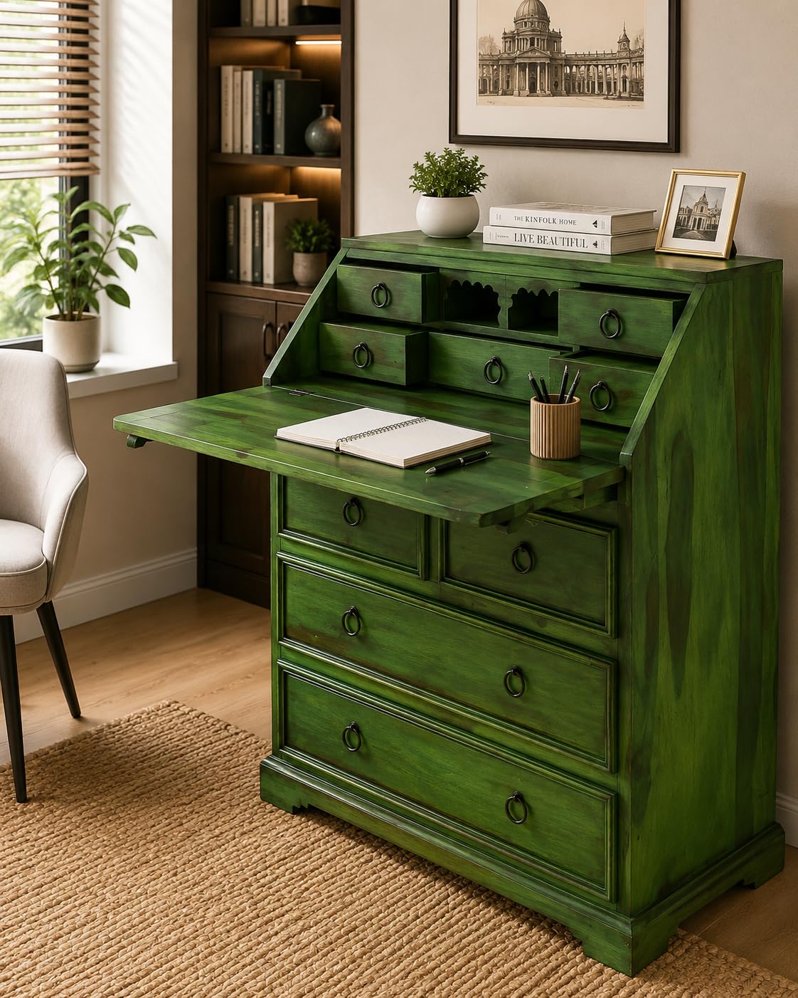 Solid Sheesham Wood Writing Study Table for Students Office Desk Workstation Computer Laptop Table with Drawer Storage for Home Office Library Wooden Furniture (Green)-image-31