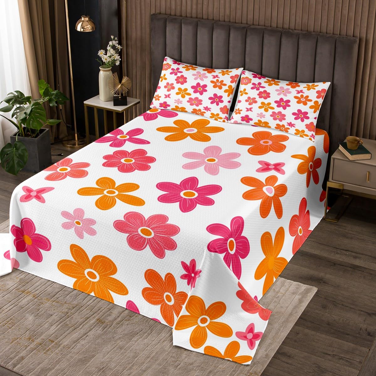 Groovy - Juego de colcha de margaritas tamaño King, diseño de flores retro, estilo desgastado, elegante, para decoración de habitación de niños y niñas, juego de edredón floral retro, colcha rosa