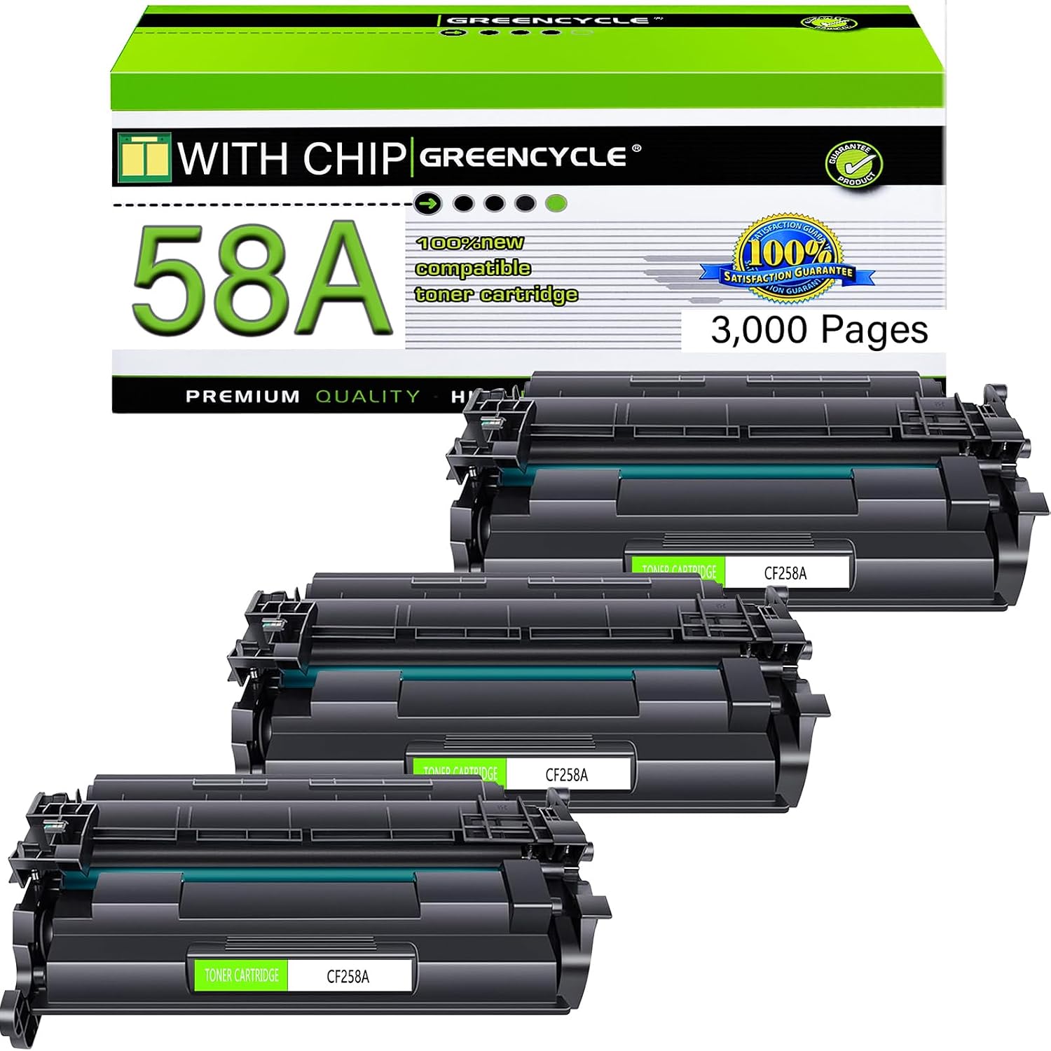 greencycle 3 Pack Black High Yield 58A [with CHIP] Compatible Toner Cartridge Replacement for HP 58A CF258A 58X CF258X Use with Laser Jet Pro M404dn M404n M404dw MFP M428fdw M428dw M428fdn Printer