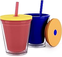 Vista 1 de Maars - Vaso clásico de acrílico con tapa y pajilla, vaso de jugo aislado prémium de 10 onzas para niños, vasos de plástico reutilizables de doble