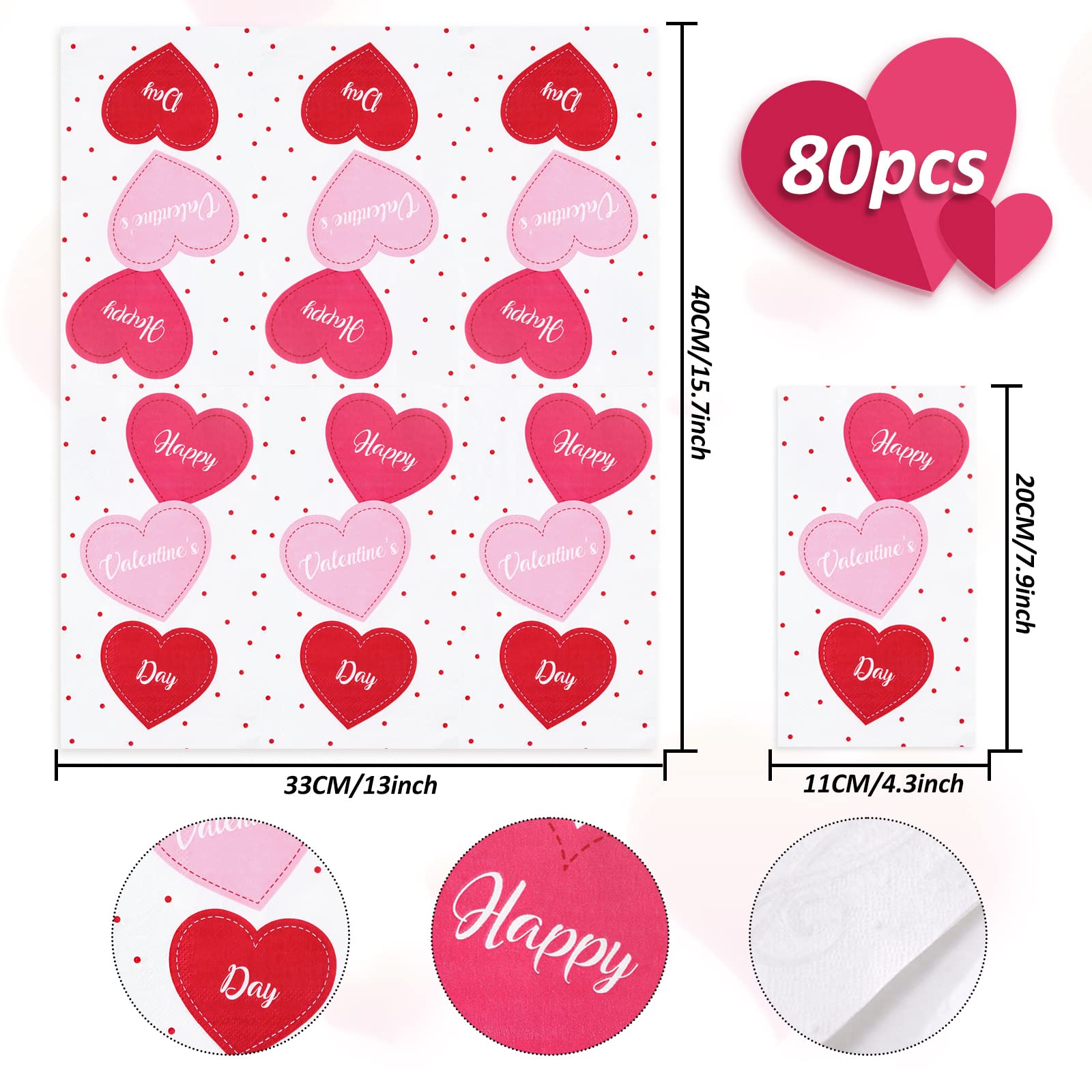 Whaline Valentine's Day Guest Napkins 3 Ply Heart Disposable Paper Napkins Sweet Heart Dinner Hand Napkin Towel for Home Kitchen Bathroom Powder Room Wedding Holiday Party Supplies, 80Pcs