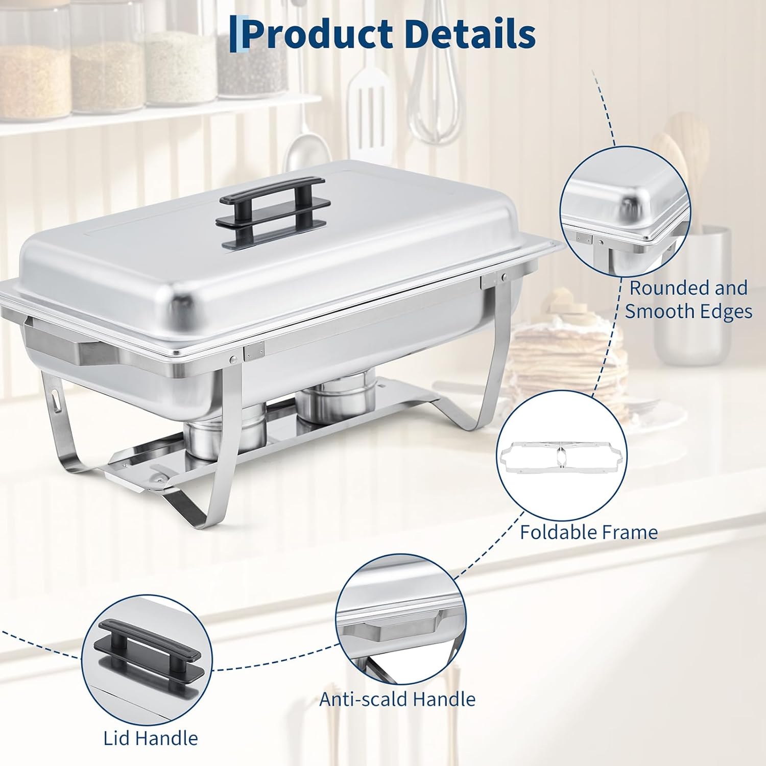 4 Pack Buffet Warmer Set, 8 QT Rectangle & 5 QT Round Stainless Steel Chafing Dishes with Lid, Food & Water Pan and Fuel Holder, Chafing Dish Buffet Set for Parties & Holiday Events