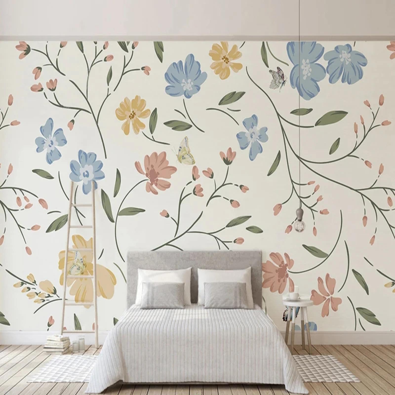 Mural peint à la main feuilles plantes fleurs papillons papier peint lit