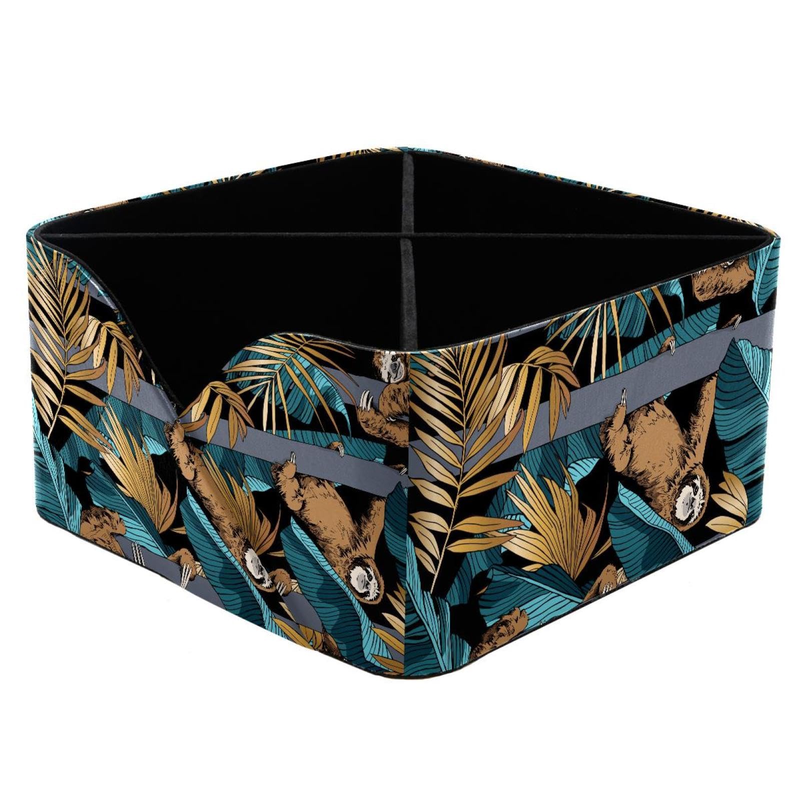KengjuTesu Funny Brown Sloth Gold Palm Banana Leaves Pattern Desktop Organizer Pen Holder, Rectangular Pencil Cup for Office, Study and Makeup Stations