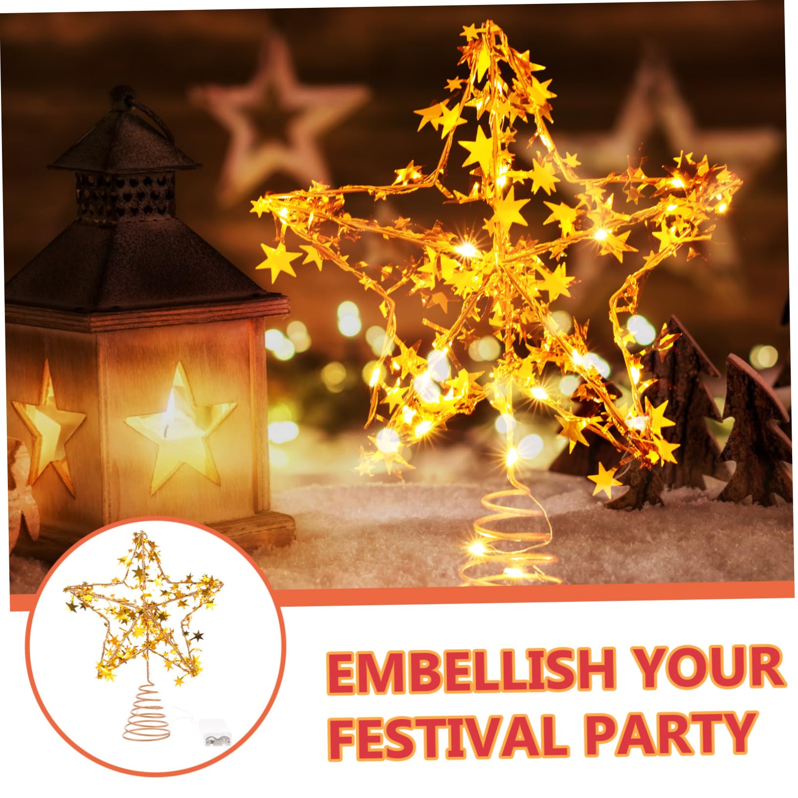MAGICLULU 4 Piezas Estrella de la Copa del árbol Puerta Dorado Oro Ornamento Guirnalda Christmas Tree Xmas Tree decoración Topper de árbol con luz LED Adorno de Estrella Planchar Golden