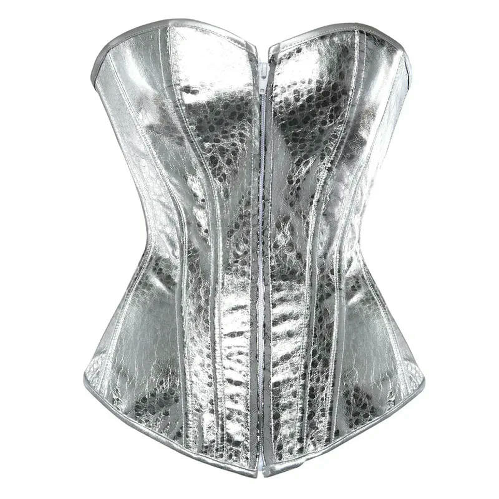 Trener talii Body Shaper dla kobiet Gorset Gorset Faux Leather Overbust Showgirl Clubwear Sexy Burlesque Zipper Front Zip Costume Steampunk Top Plus Size Silver-2797-srebrny-L