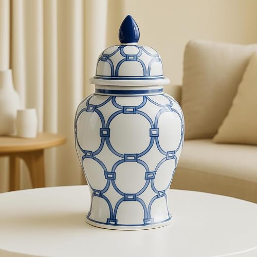 Chain Link Ginger Jar with Lid – Hand-Painted Stoneware Ceramic Decorative Vase for Home Decor – Modern Centerpiece for Living Room, Bedroom & Office – 14.25", Blue & White