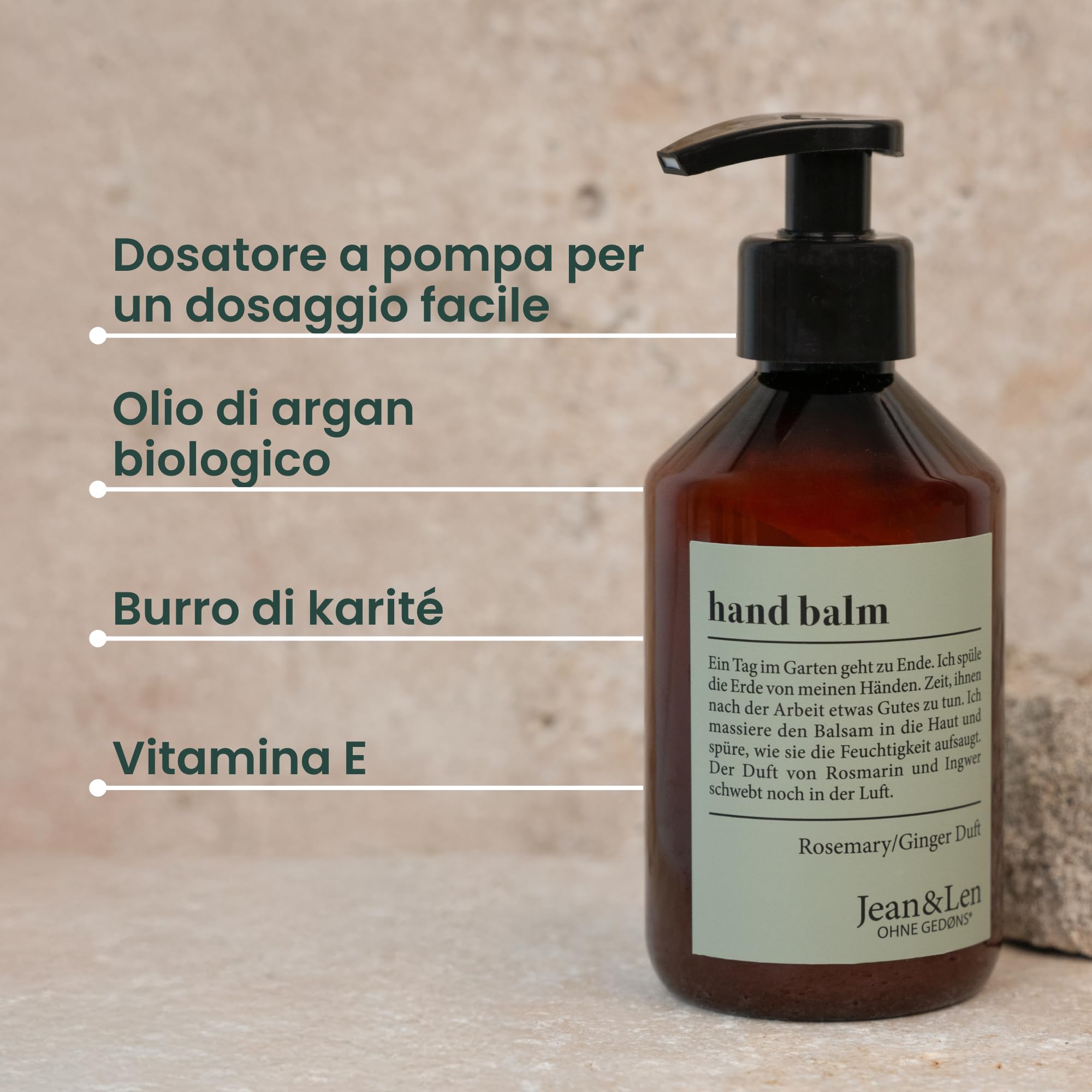 Jean & Len Balsamo Mani Rosmarino & Zenzero, con olio di argan bio, burro di karité e vitamina E per mani morbide, crema idratante per pelle secca, profumo fresco e aromatico, 250 ml