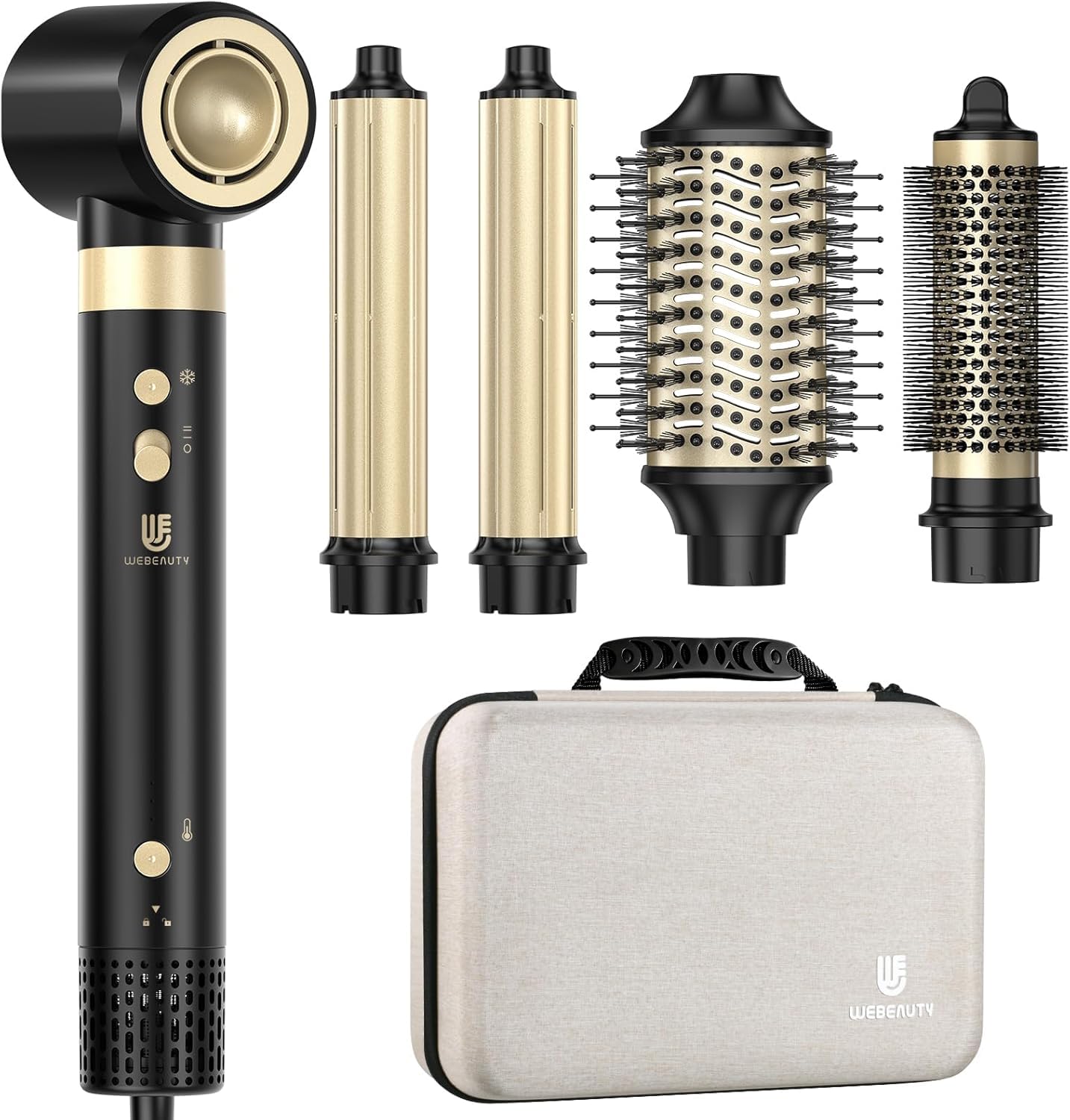 webeauty [podwójne napięcie] 6 w 1 suszarka do włosów, 110 000 obr./min, 25 m/s, 500 milionów jonów ujemnych, z szczotką do suszenia, okrągłą szczotką do suszenia, lokówkami Air Lock, czarna | 110,000 obr./min, 30 M/S, jonowa suszarka do włosów z 2 szczot