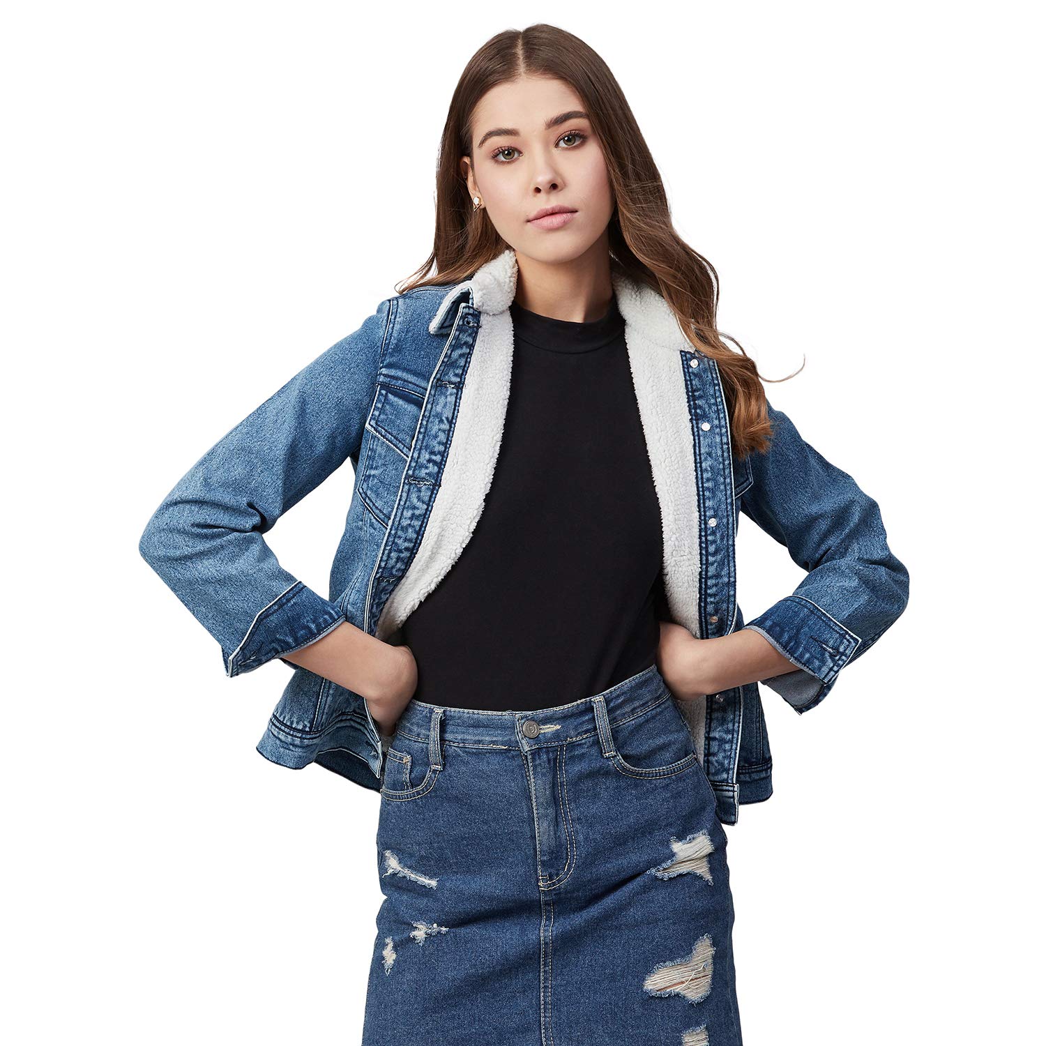 stylestone Women's Denim Jacket with Soft Warm Faux Fur Lining inside-Blue (3745WashLambS)-picture-43