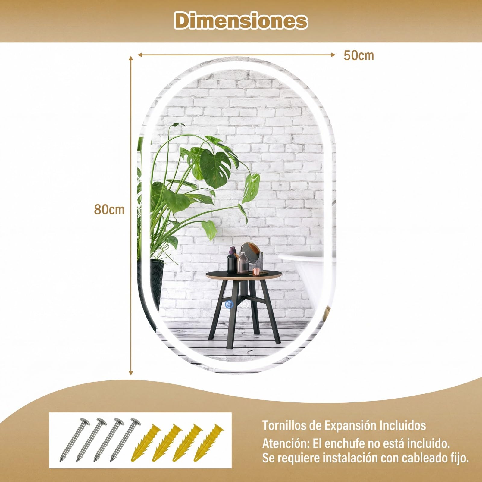 COSTWAY Espejo de Baño Iluminado con LED, Espejo Ovalado sin Marco Resistente a Roturas, Temperatura de Color Regulable en 3 Modos, con Interruptor Táctil, Función Antivaho (80 x 50 cm)