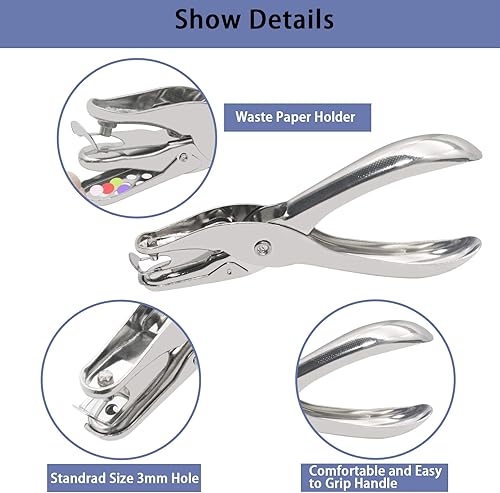 Miniatura 5 de 200 piezas de sujetadores de papel, mini pinzas multicolor redondas con 200 arandelas plateadas y alicates perforadores de metal de un solo agujero,