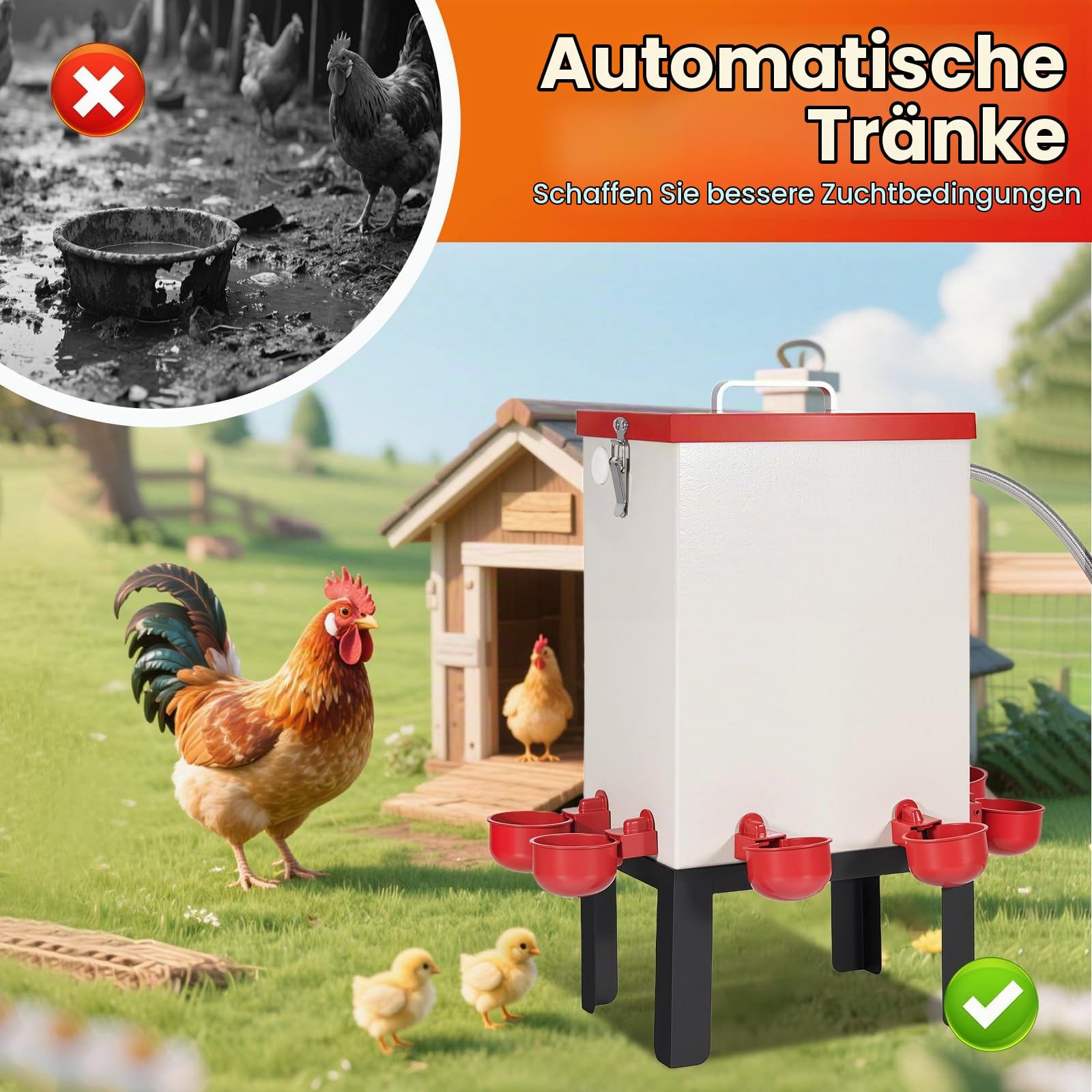 12L Automatische Hühnertränke, Geflügelwasserspender aus Edelstahl mit Schwimmerventil, Schlauch, Wasserbecher und Ständer, Hühnerwasserfütterung für Küken, Enten, Gänse, Truthahn
