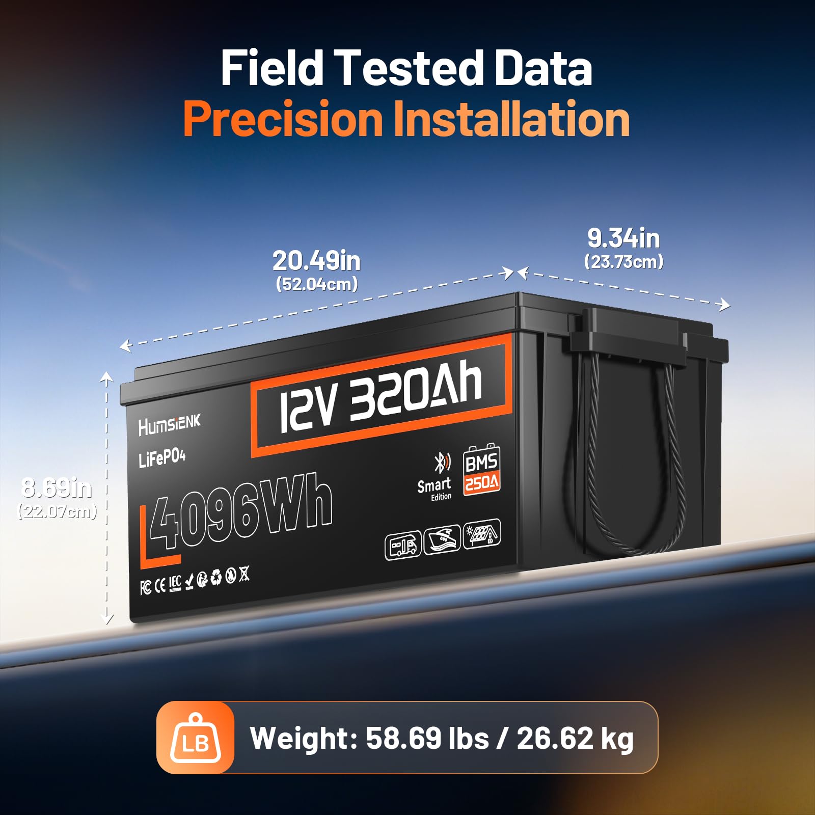 Humsienk Batteria Litio 12V 320Ah LiFePO4 con Bluetooth, protezione 250A BMS a bassa temperatura, Max. 15000 cicli, 3200Wh Energia per Camper, Barca, Pannello solare, Accumulo fotovoltaico