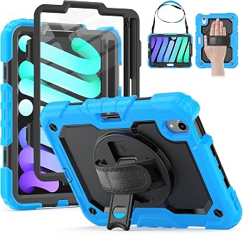 HXCASEAC Case for iPad mini 7 A17 Pro / iPad mini 6 Case 8.3 inch, Full Body Protective with Pencil Holder, Carrying Strap, Hand Strap, Protector, Rotating Stand A2995 A2993 A2567 A2568, Light Blue