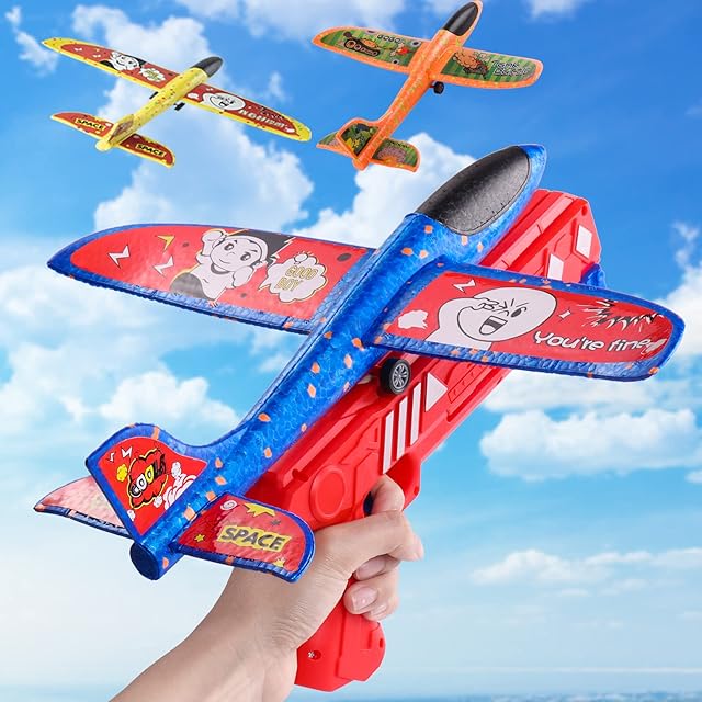 3 Pack Airplane Launcher Toys,Foam Throwing Glider Plane with Catapult GunFoam Glider Catapult Plane Toy for Kids, Outdoor Flying Toys Birthday Gifts for 4 5 6 7 8 9 10 11 12 Year Old Boys Girls(Red)