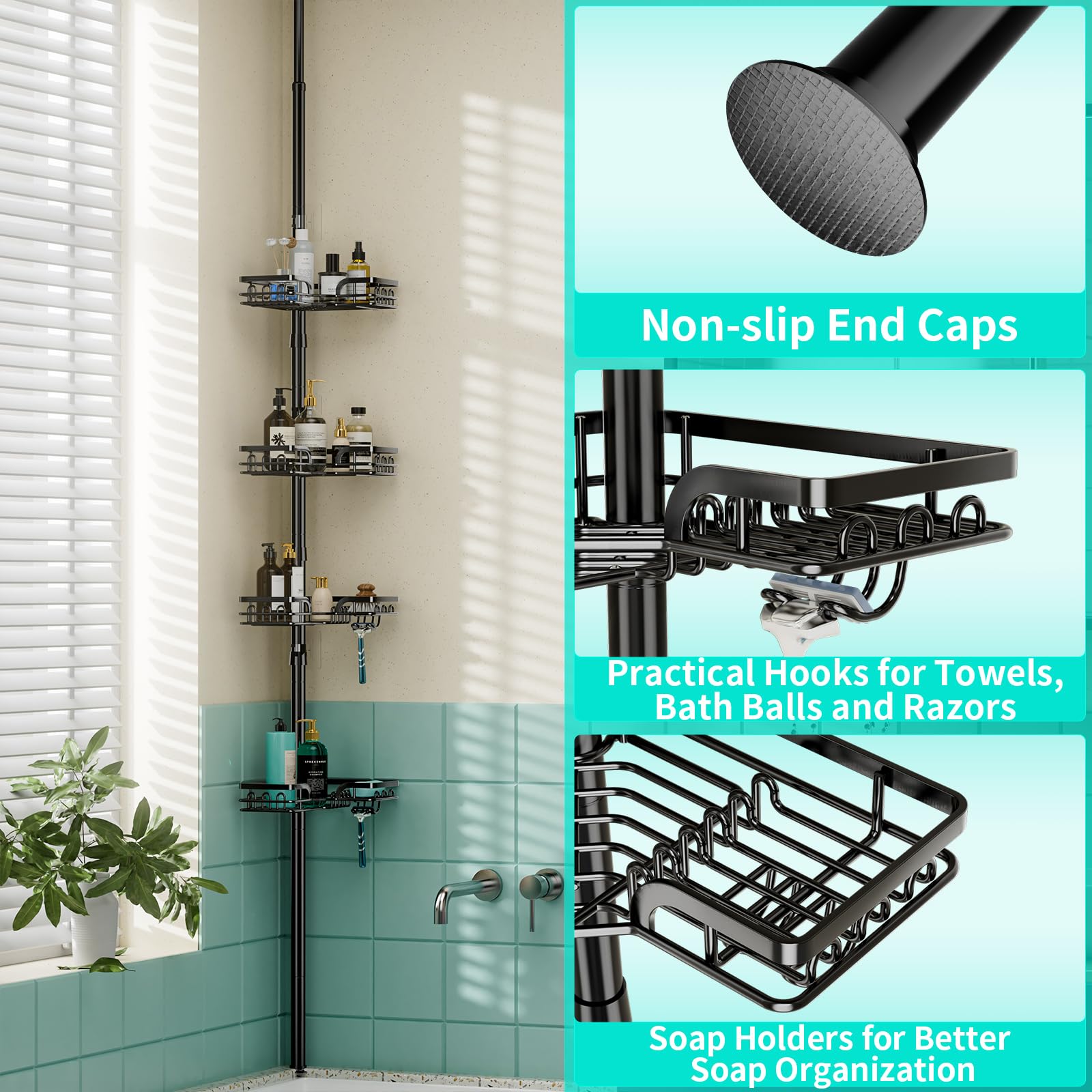 HapiRm Organizador de ducha esquinero, resistente al óxido y al agua, con soporte para jabón, barra de tensión extensible de 104.3 a 113.8 pulgadas, color negro
