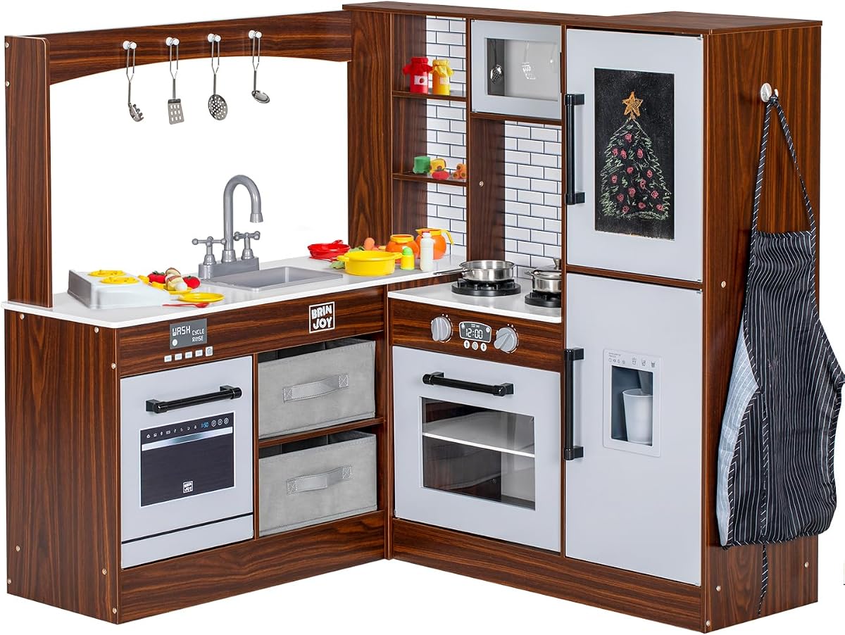 BRINJOY Corner Play Kitchen for Kids, Wooden Toddler Kitchen Playset w/Faucet, Sink, Microwave, Oven, Apron, Blackboard, Storage Cabinets, Pretend Cooking Toys w/Sound & Light Gift for Ages 3+