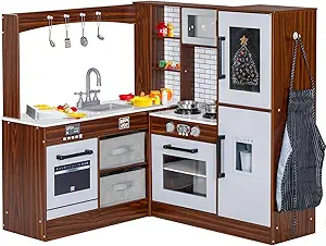 BRINJOY Corner Play Kitchen for Kids, Wooden Toddler Kitchen Playset w/Faucet, Sink, Microwave, Oven, Apron, Blackboard, Storage Cabinets, Pretend Cooking Toys w/Sound & Light Gift for Ages 3+