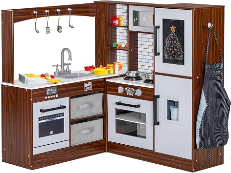 BRINJOY Corner Play Kitchen for Kids, Wooden Toddler Kitchen Playset w/Faucet, Sink, Microwave, Oven, Apron, Blackboard, Storage Cabinets, Pretend Cooking Toys w/Sound & Light Gift for Ages 3+
