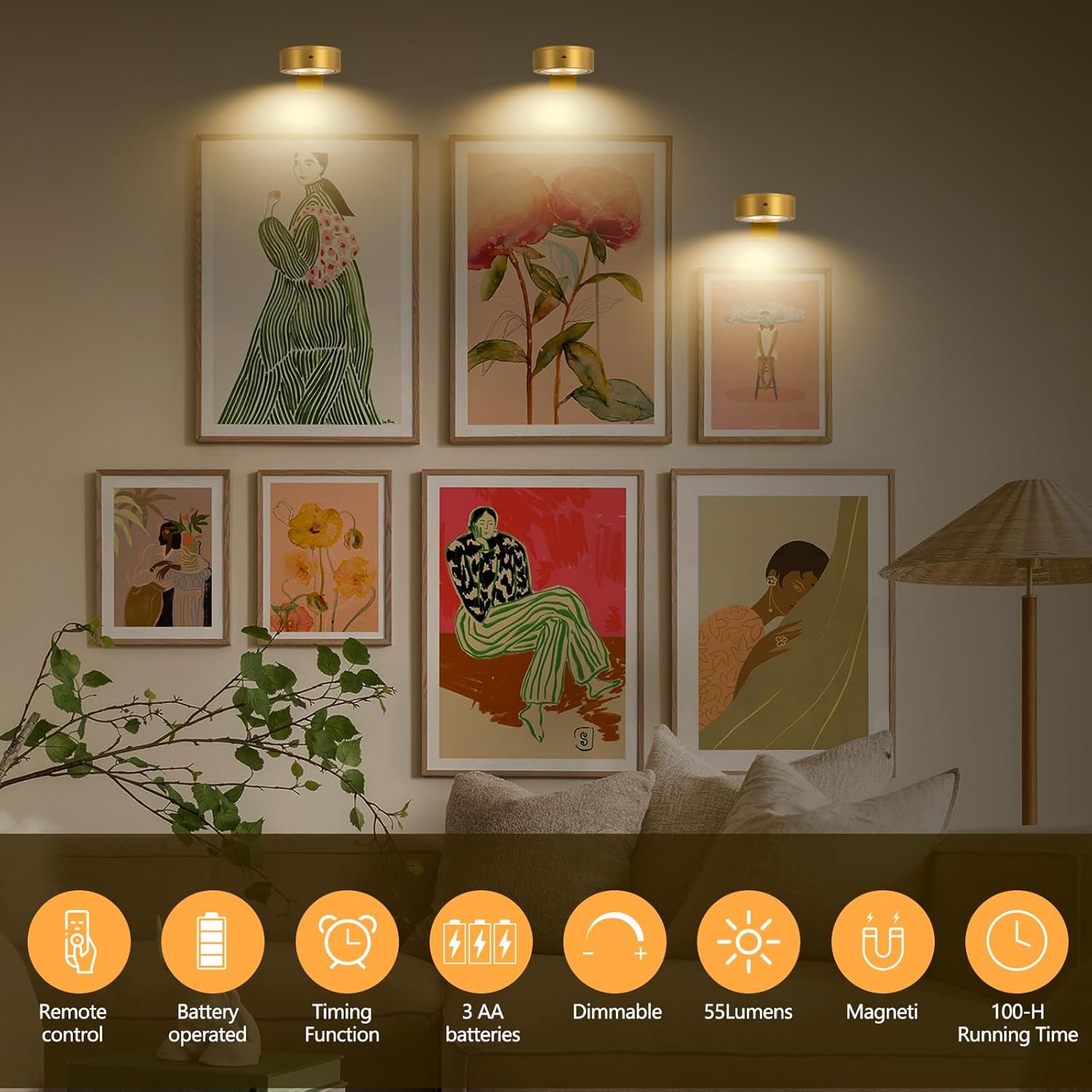 3Pack Gold Battery Operated Picture Lights, Magnetic Wireless Led Display Frame Lights with Remote Dimmable and Timer, Cordless Art Accent Poster Gallery Lighting for Wall Paintings Photo