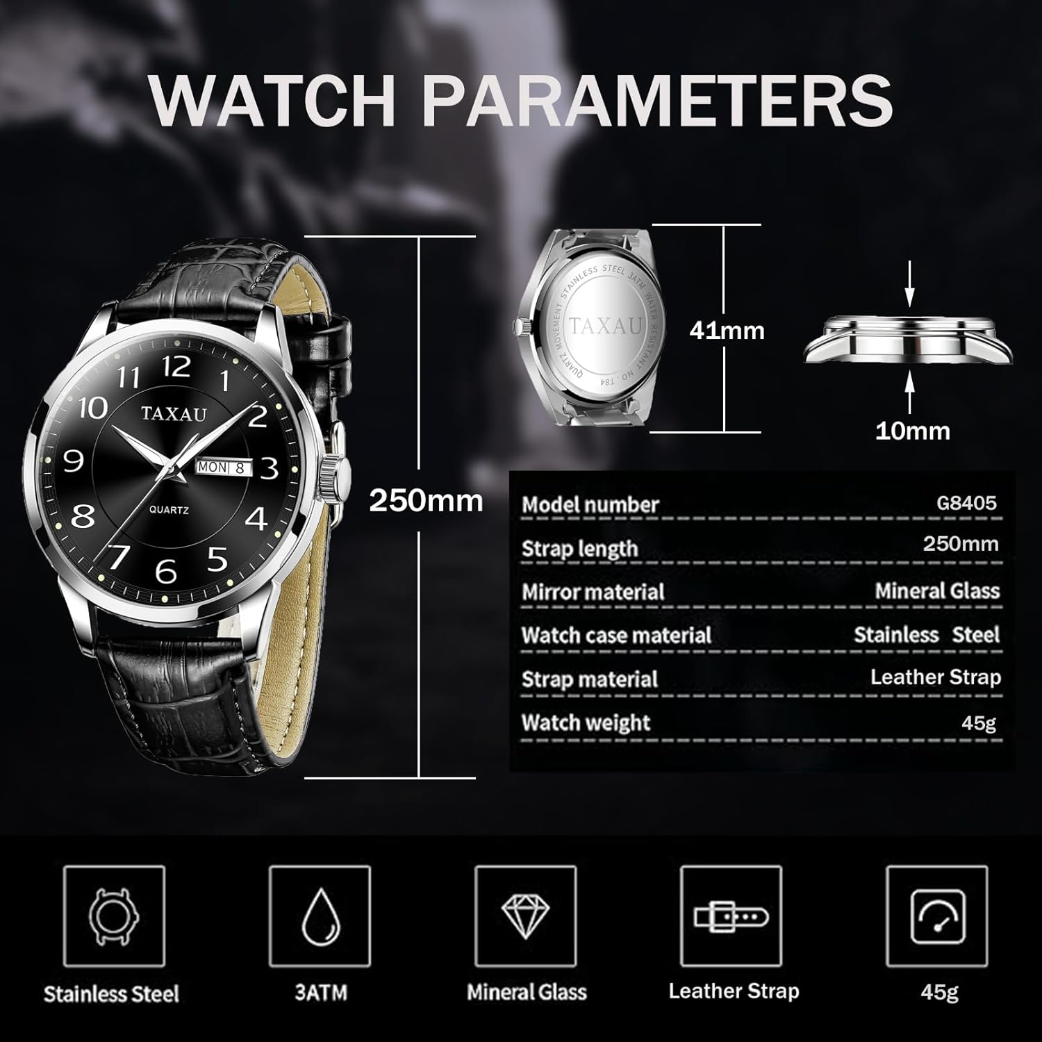 Mens Leather Watch Large Face Classic Quartz Mens Analog Watches Luxury Dress Watches for Men Waterproof Men's Wrist Watch Easy Read with Date Number Dial Relojes para Hombre - Image 4