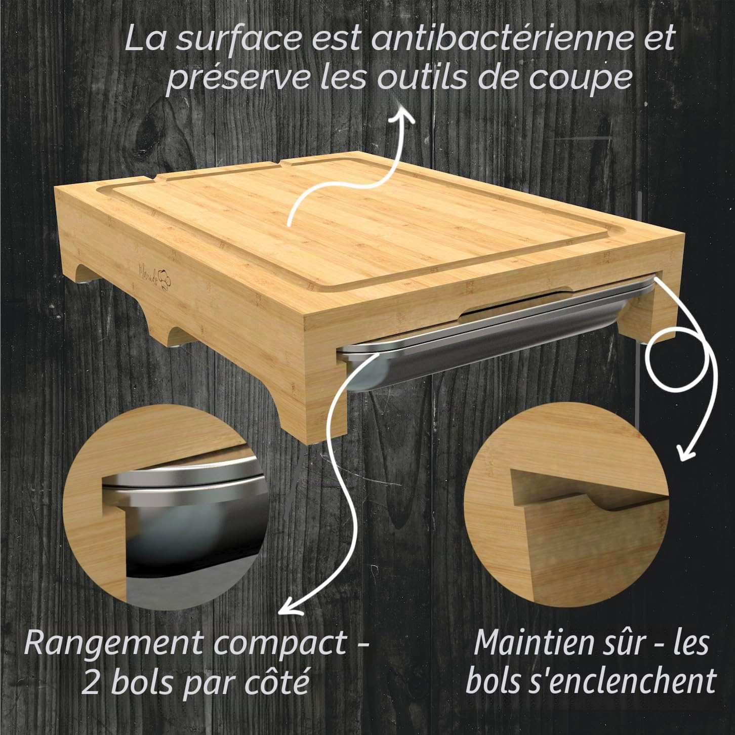 MARINDO Planche à découper en bambou avec 4 bacs de récupération en acier inoxydable | Planche à découper en bambou avec rainure à jus