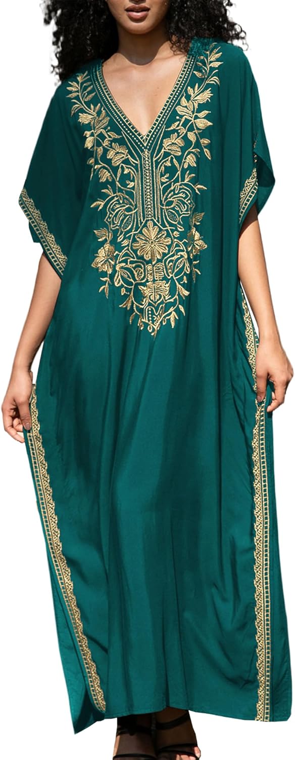 Women V Neck Embroidery Kaftan Dress Loose Casual Beach Cover Up Long Caftans Maxi Dresses
