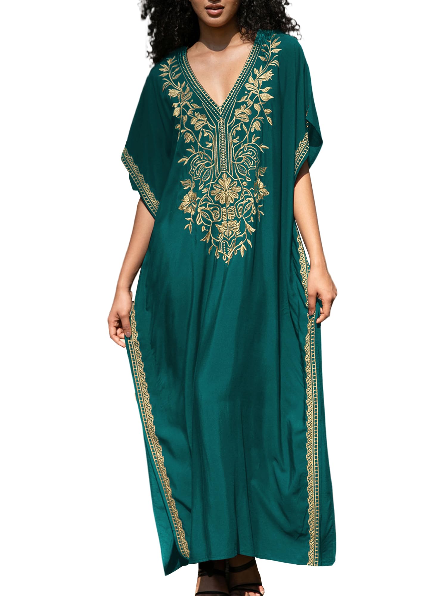 ZSWDXX Women V Neck Embroidery Kaftan Dress Loose Casual Beach Cover Up Long Caftans Maxi Dresses