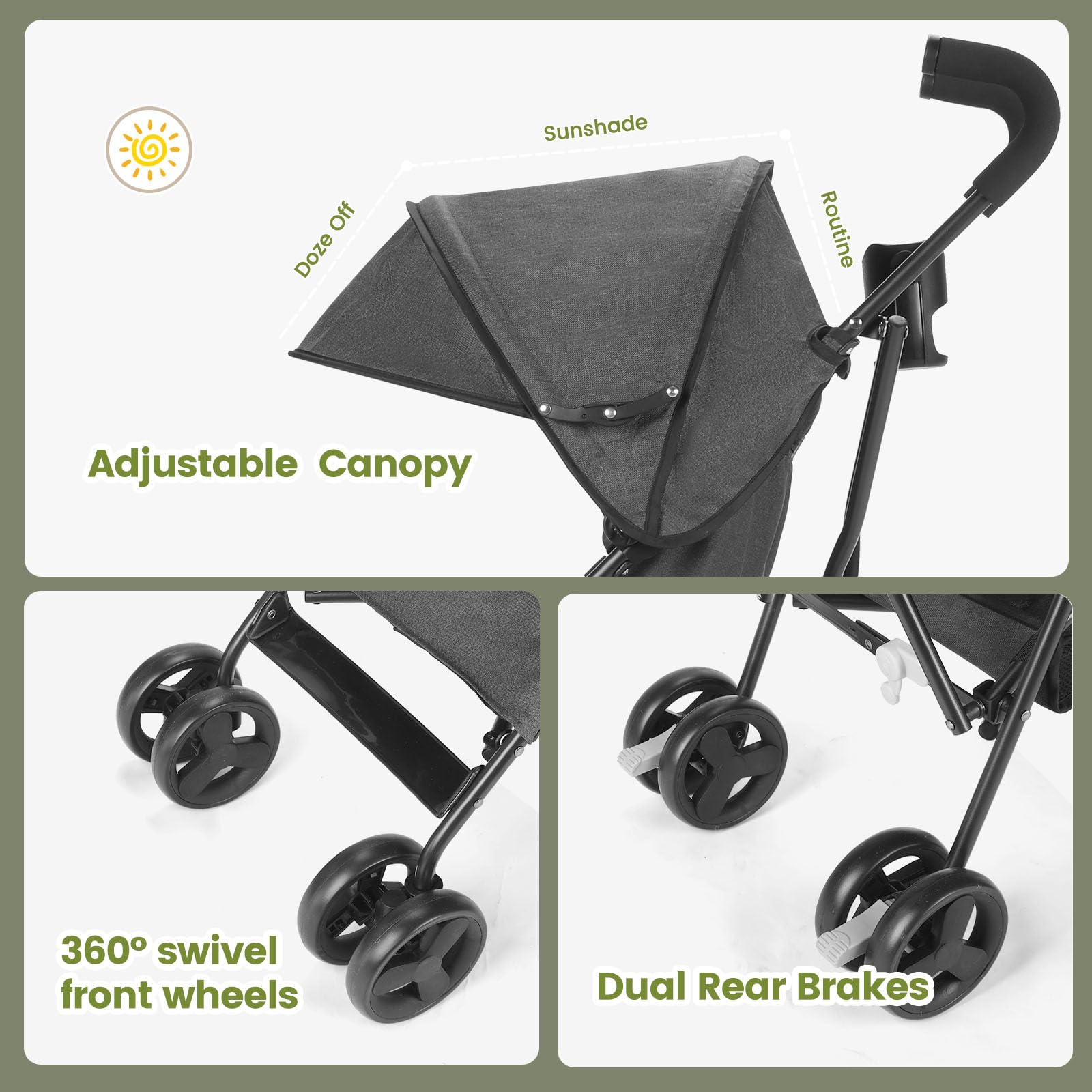 Cochecito de bebé, plegable con una sola mano, cesta de almacenamiento grande, toldo, portavasos, cochecito compacto con paraguas duradero, cochecito de viaje para avión ultra apto para arriba (gris)