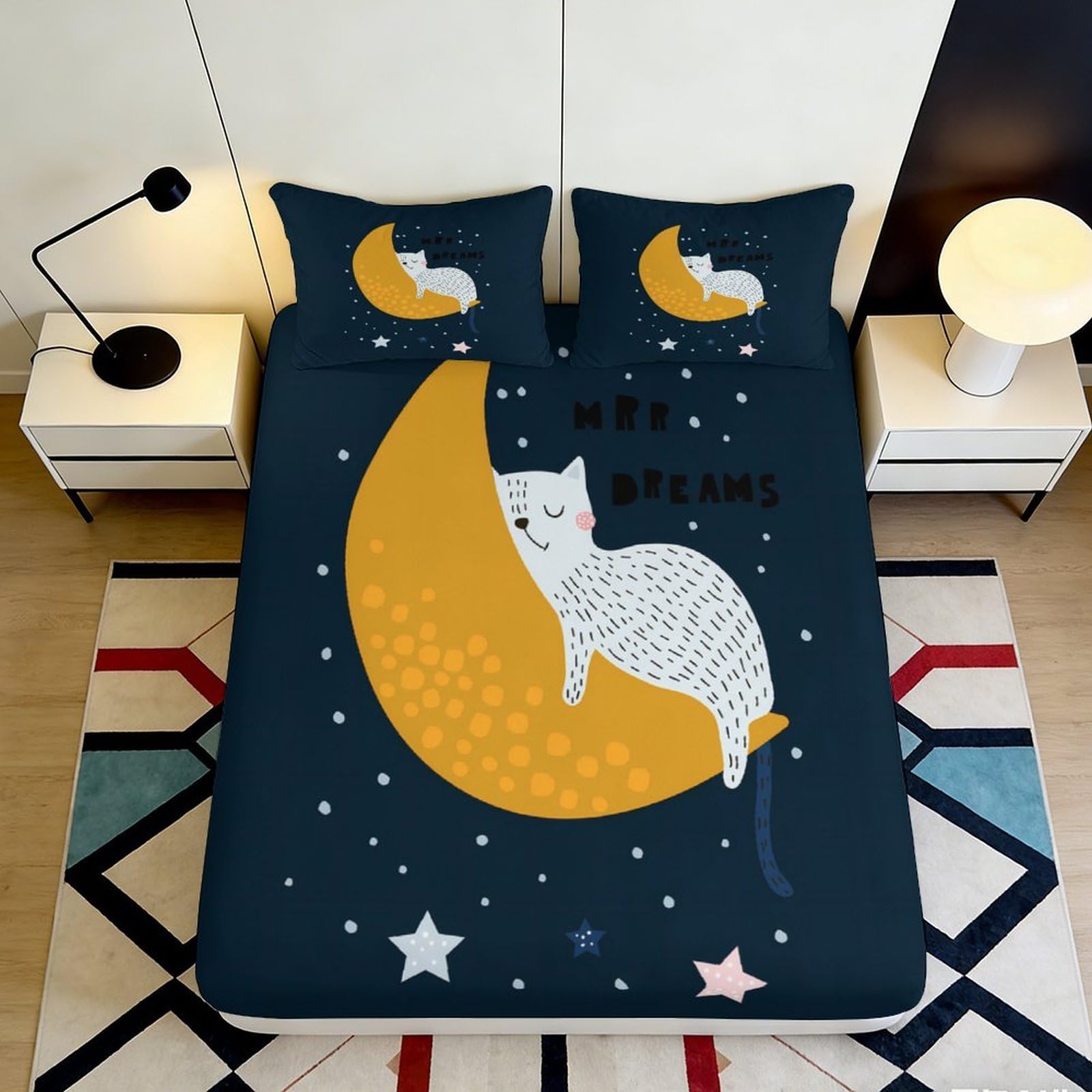 3D Printed Cat Moon Fitted Sheet Microfiber Dark Blue Soft Breathable Starry Night Mattress Cover for Bedroom Dormitory Guest Room Protection Decor 120x200x25cm