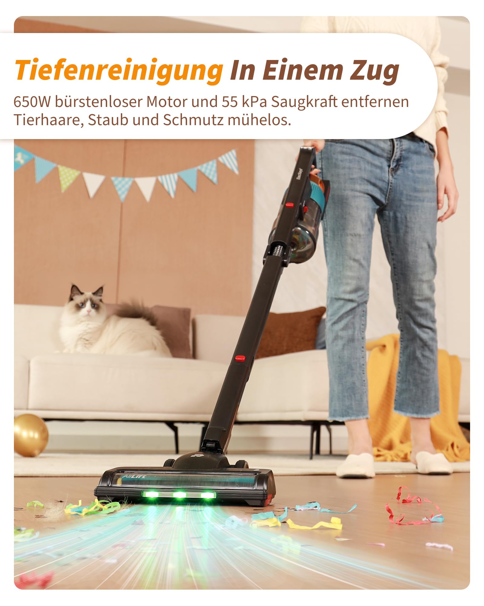 ElecKeys Akku Staubsauger 55000Pa/650W/65Min, Staubsauger Kabellos mit Lade-/Aufbewahrungsstation, Faltbar, Selbststehend, Anti-Tangle-Bürste, Akkustaubsauger für Tierhaare Teppiche Hartböden Auto