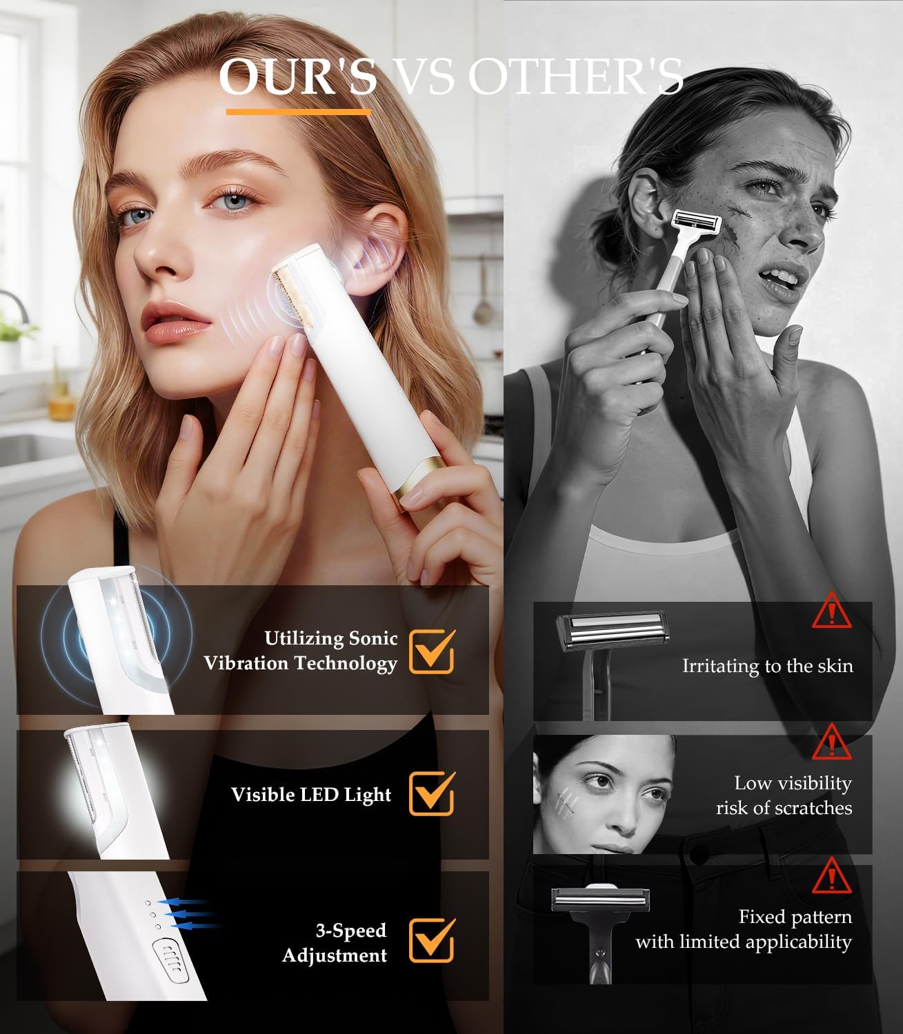 Sonic Dermaplaning for Women Face 【Ultrasonic Precision Hair Removal】Rechargeable dermaplane razor for women face 【Gentle Exfoliation】3-speed adjustment & White LED Light,10 Replacement Blades