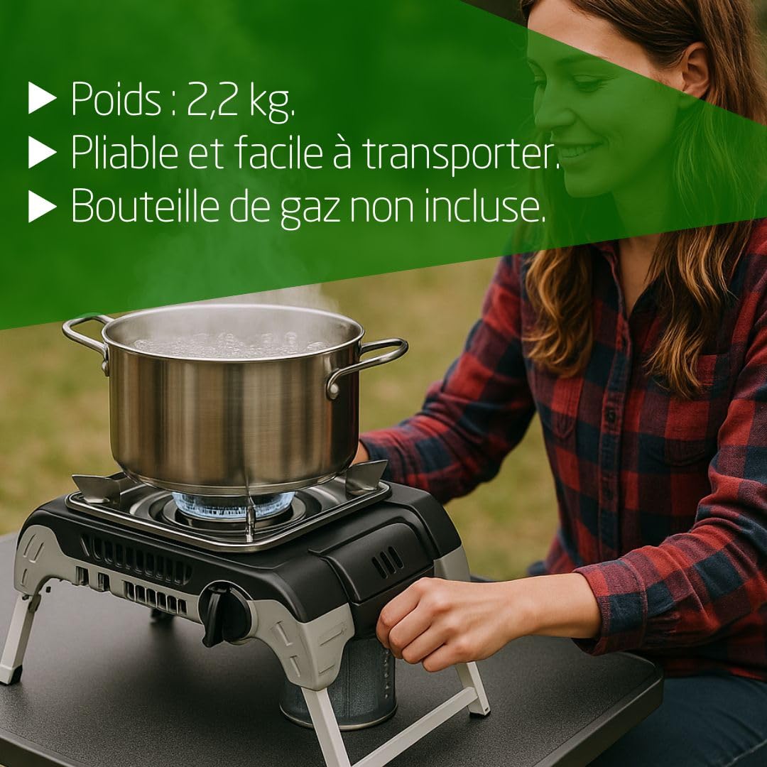 Amig – Camping Gas Möunt - Réchaud à Gaz Portable pour l’Extérieur – avec Support en Acier Inoxydable et Régulateur de Flamme – 2,4 kW de Puissance – Excursions et Camping – Certifié CE