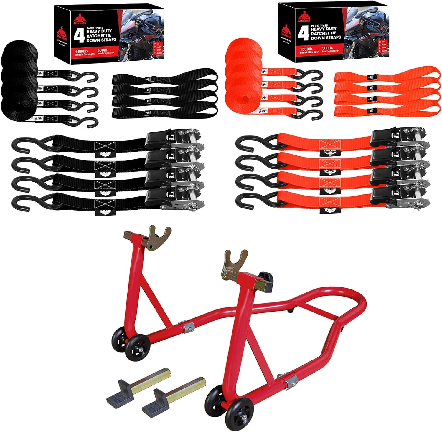 Jack Boss Motorcycle Stand and Ratchet Tie Down Straps Set