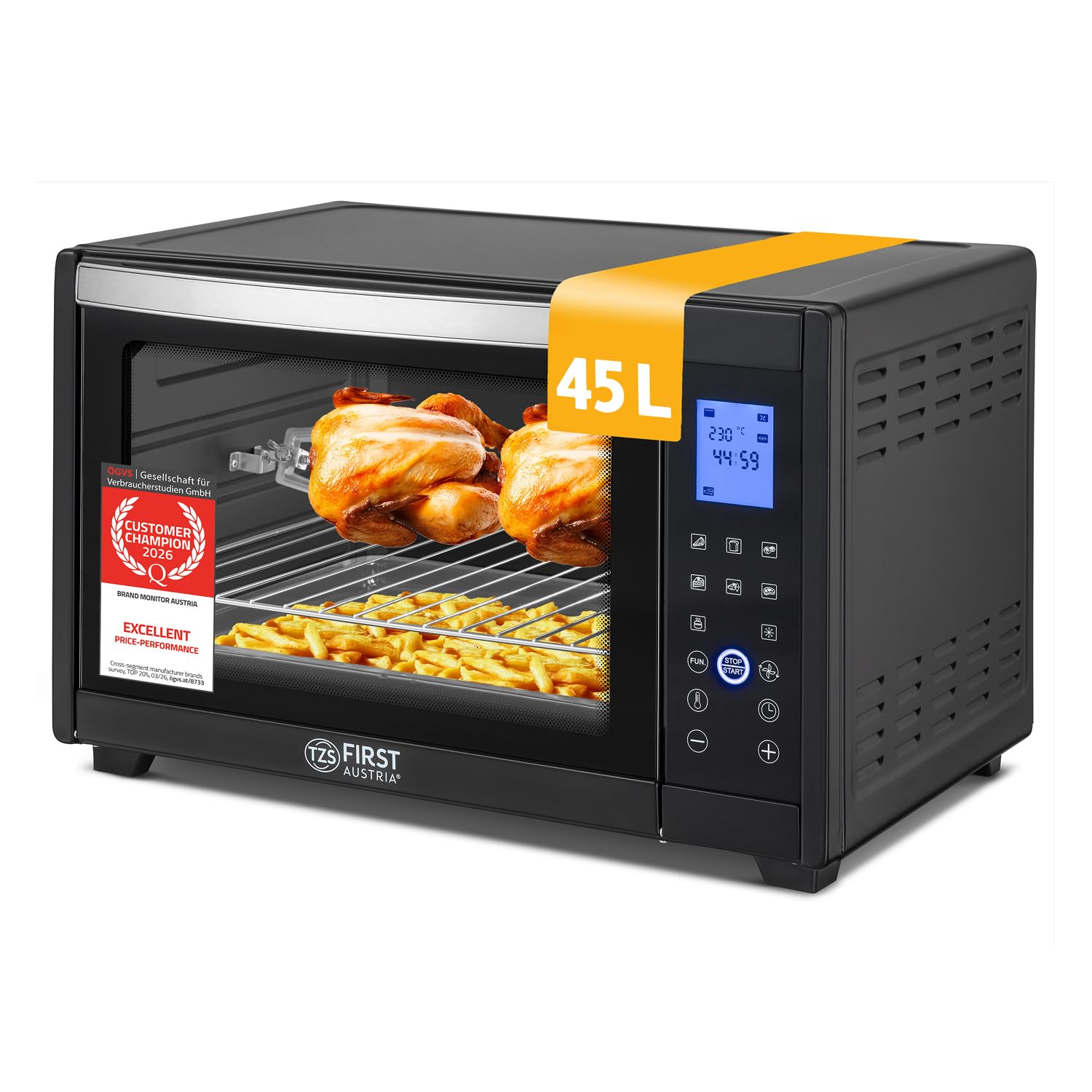TZS First Austria - Mini Forno 45L 2000W con Premium-X Coating - Fornetto Digitale temperatura fino a 230°C & 4 Livelli - Timer di 180 min & 8 modalità - Spiedo rotante - Cocinas pequeñas & camping