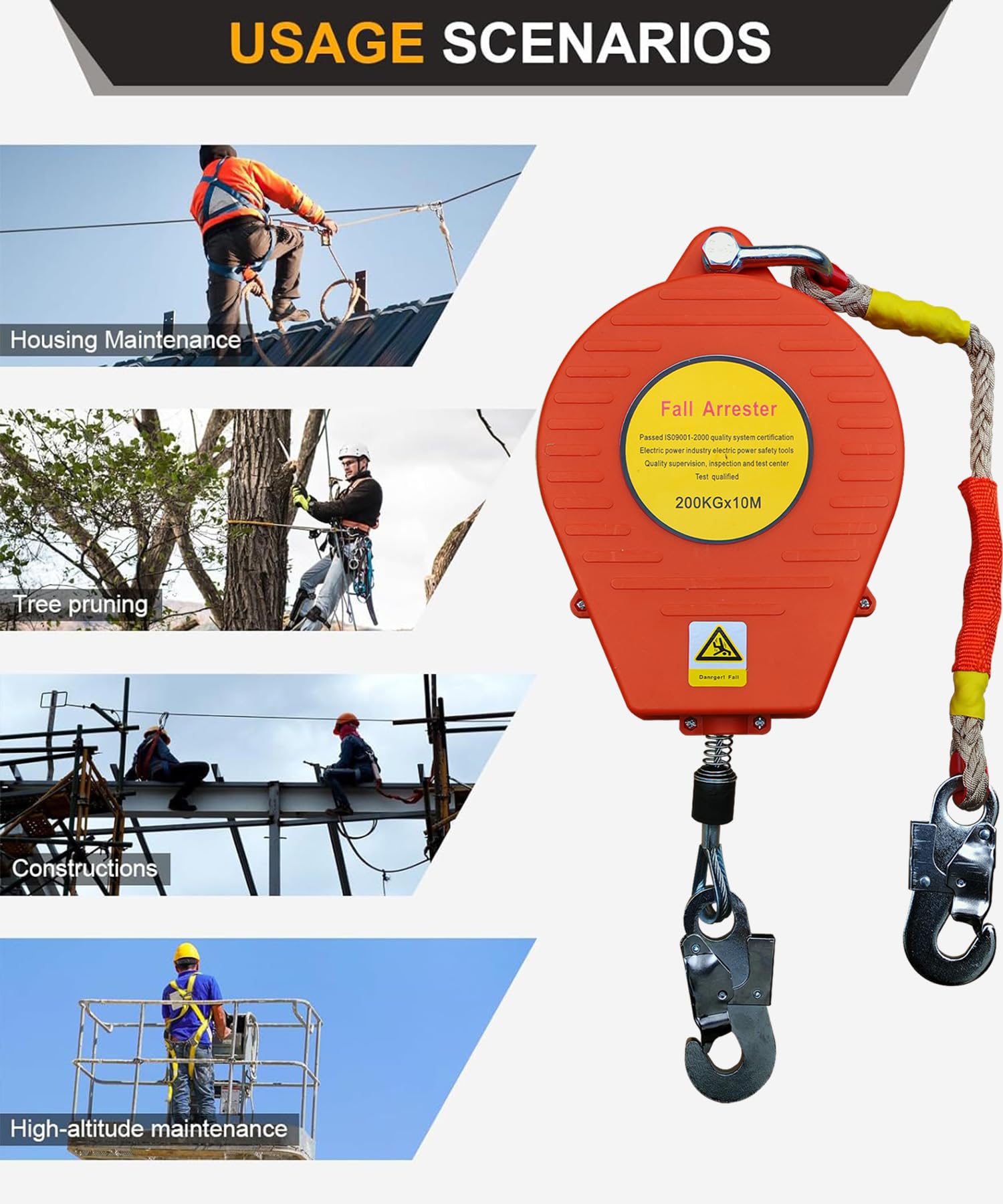 Dispositivo Anticaídas Retráctil 10m, Limitador de Caída Personal | 200kg Línea de Vida Retráctil con Gancho Autoblocante, Equipos Anticaída Retractil para Techos y Construcción