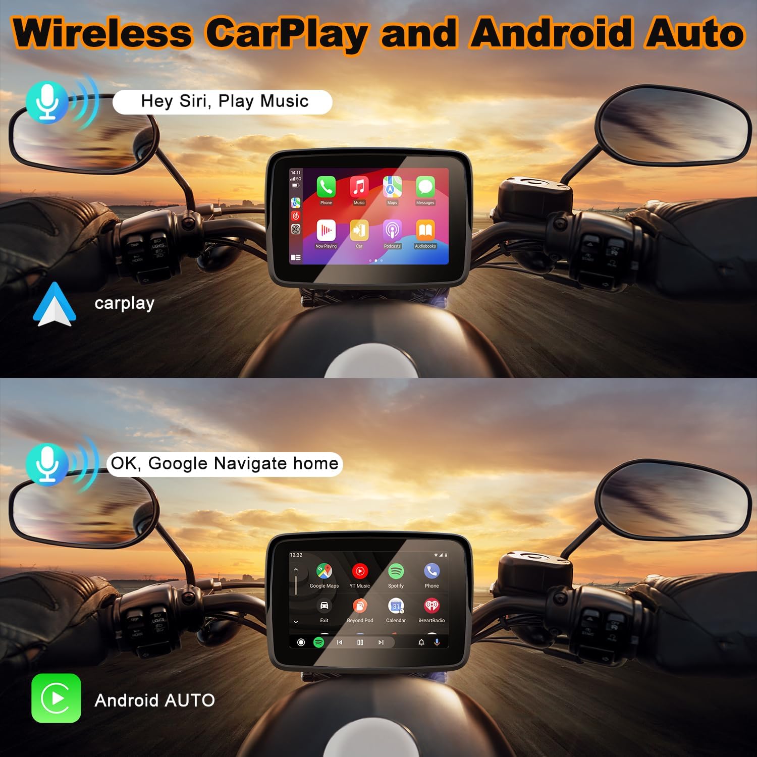A motorcycle rider's view of the ANKEWAY screen displaying Wireless CarPlay and Android Auto interfaces, with voice command prompts.