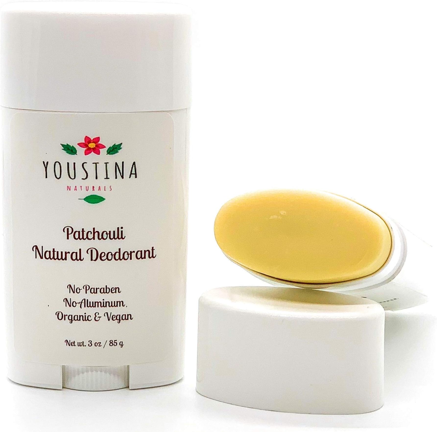 All Natural Handmade Deodorant, Organic, Vegan, Paraben Free and Aluminum free with Patchouli essential oil and Magnesium Hydroxide 3 oz by Youstina Naturals