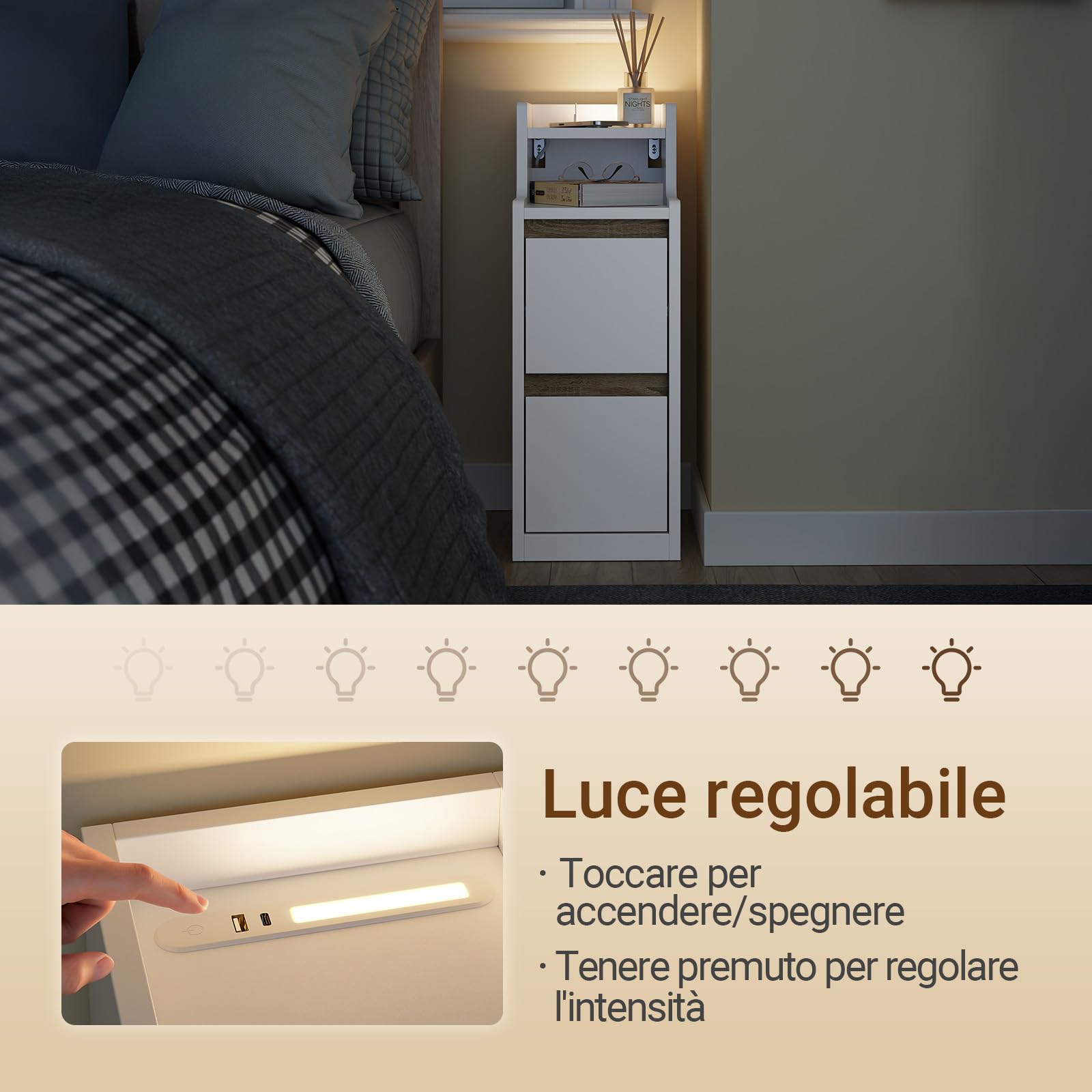 SoBuy comodino stretto con ricarica e Lampada LED touch, 22x34x60.5cm | 22cm Tavolino salotto con USB & Type-C, barra LED dimmerabile USB cavo 1,8 m, battiscopa e antiribaltamento, FBT178-E-WN
