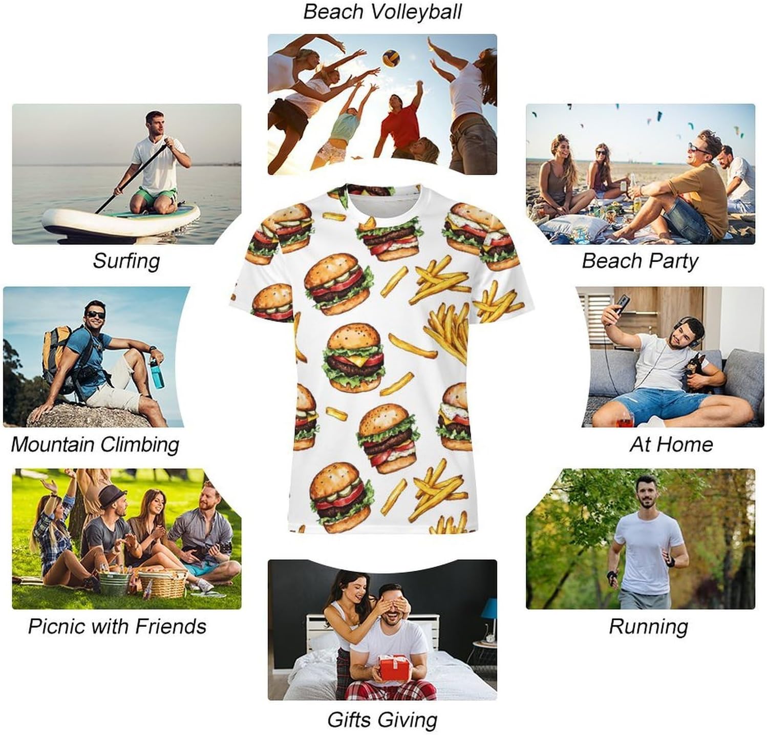 Hamburger French Fries Men's T-shirts Short Sleeve Tees Undershirts Crewneck Tops for Sports Casual