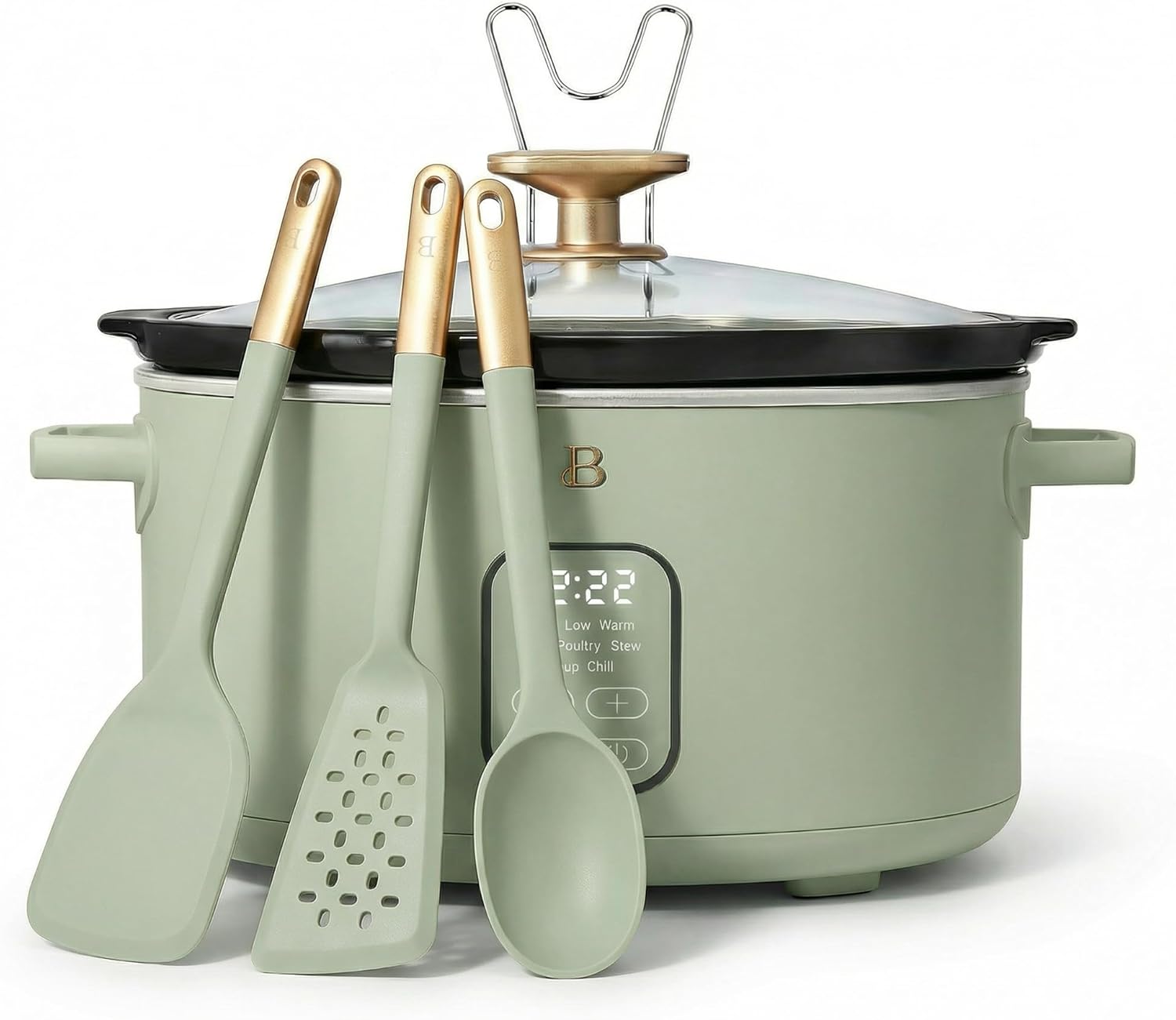 Slow Cooker 6 Quart Black Sesame Programmable with Timer, Family Size Slow Cookers with Preset Functions, with 3-Piece Silicone Kitchen Utensil Tool Set (Black Sesame)